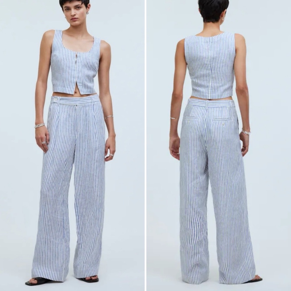Madewell The Harlow Wide-Leg Pant 100% Linen Blue White Stripe - Picture 10 of 10